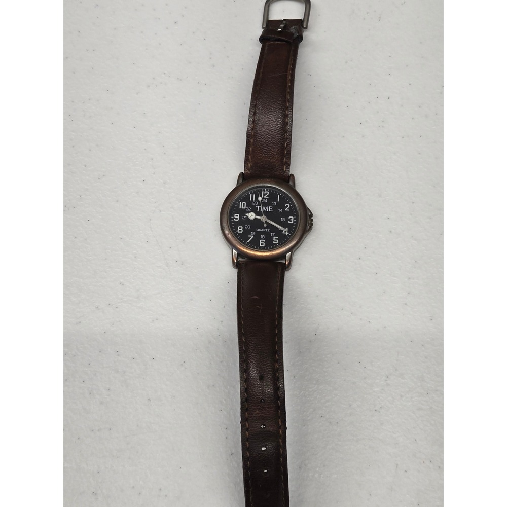 TIME Quartz Watch Mens Brown Leather Strap Black Dial Military Field Style vtg